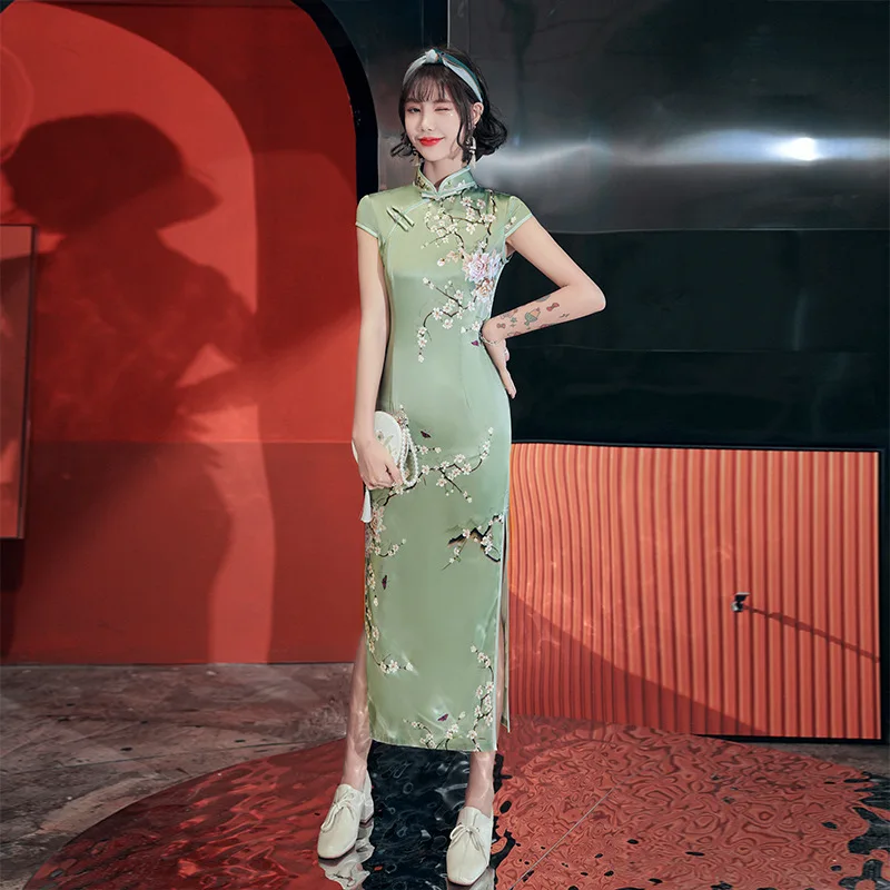 Vintage Žalia Gėlių Spausdinti Cheongsam Dėmių Ilgas Plonas Elegantiškas Suknelės Moterų Kinų Suknelė Kinijos Moterims Qipao Dydis M-4XL