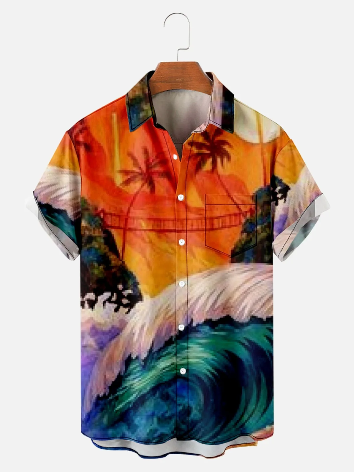 Nauja Havajų Marškinėliai Saulėlydžio Bangų 3D spausdinimo Prarasti trumparankoviai kišenėje Blue marškinėliai vyriški Drabužiai