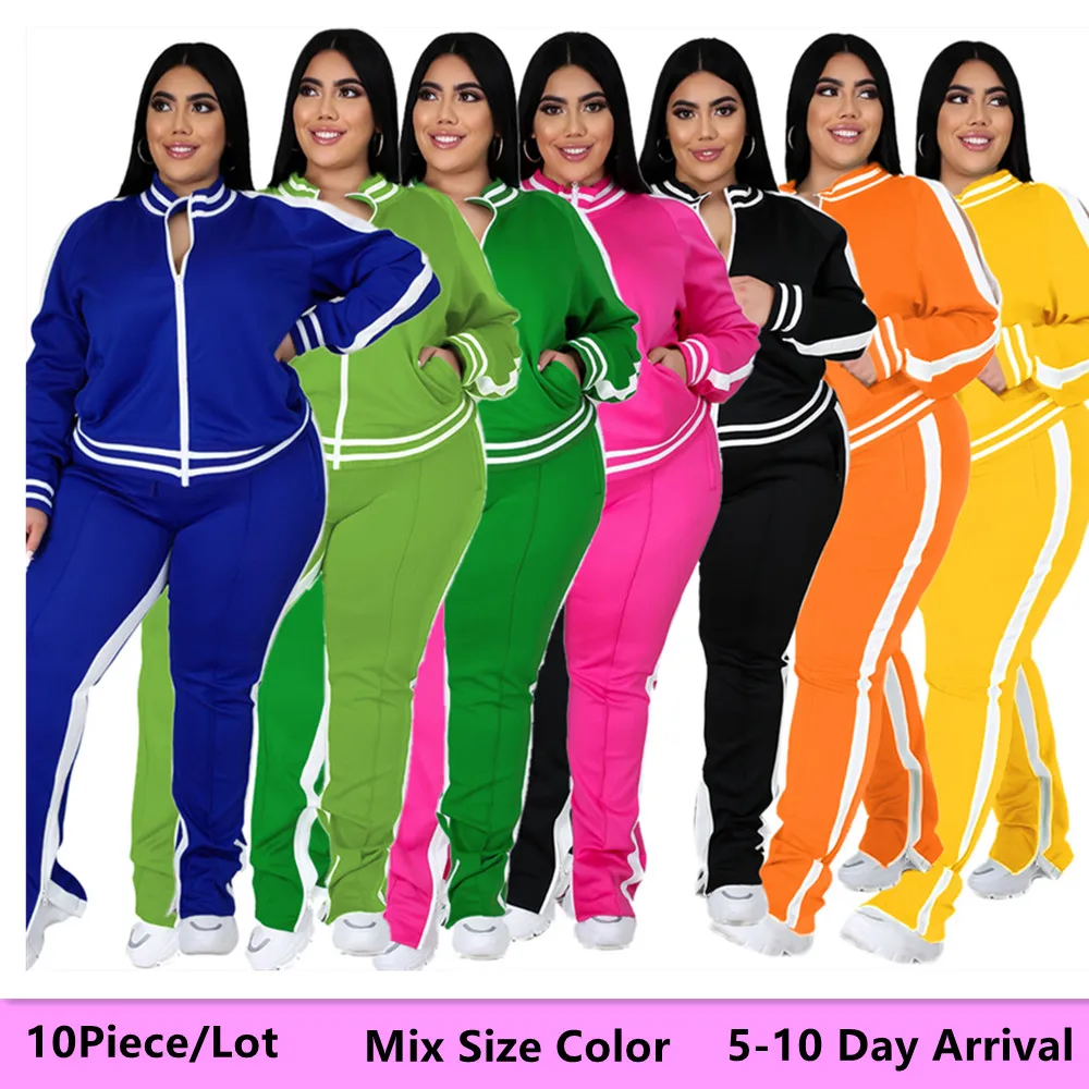 L-5XL Sumaišykite Dydis, Spalva birūs ir Didmeninės Daug Plius Dydžio 2 dalių Rinkinys Moterims Sweatsuit Zip Striped Top Sweatpants 5-10 Atvykimo Dieną