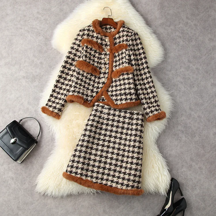 Europos ir Amerikos moterų drabužių žiemos 2022 naujas ilgomis rankovėmis kratinys fox fur coat Pledas sijonas mados Tvido kostiumas Nuotrauka 0 
