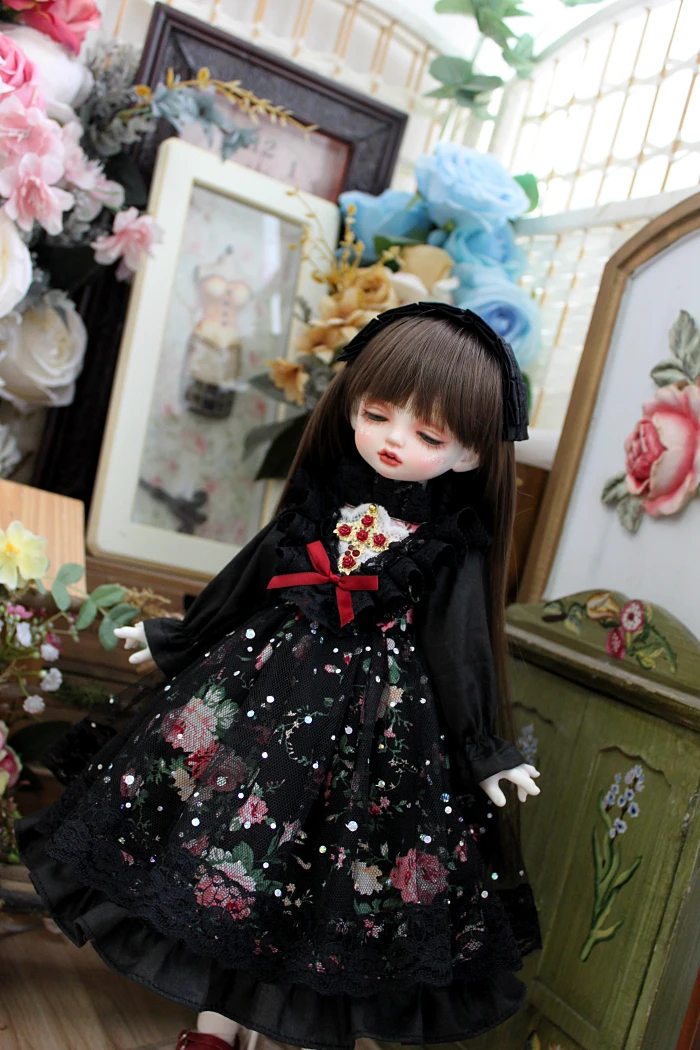BJD doll suknelė 1/31/41/6MSD ir Blythes Mados retro tamsiai suknelė su gėlių suknelė + juoda plaukų aksesuarų, dviejų dalių komplektas