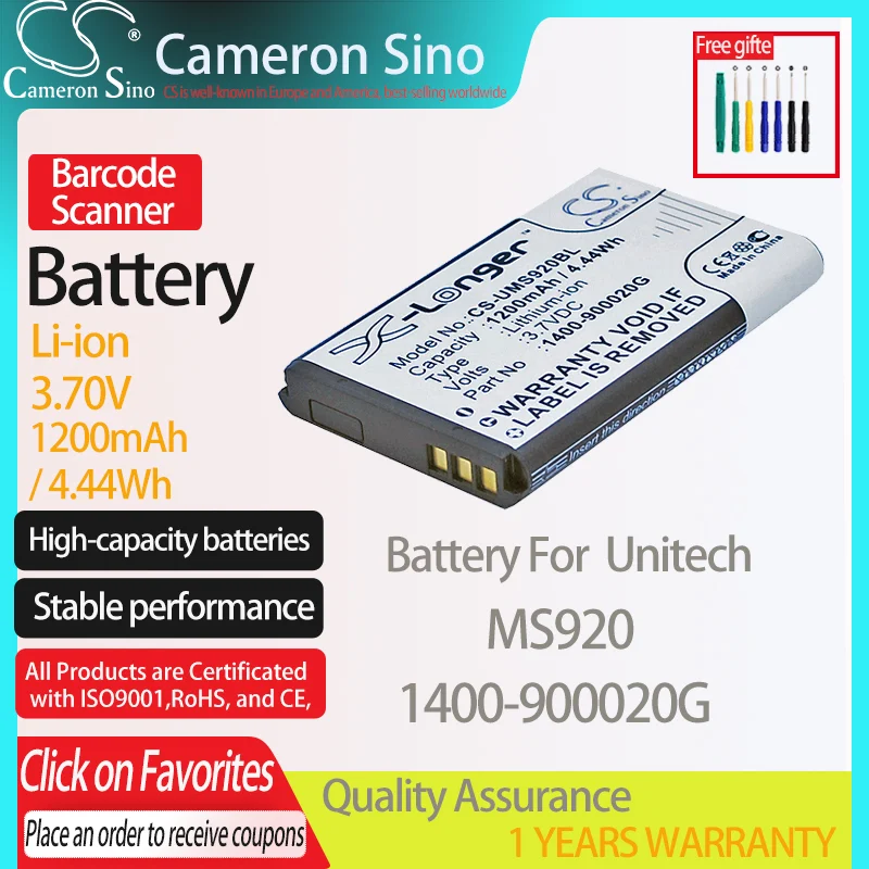 CameronSino Baterija Unitech MS920 tinka Unitech 1400-900020G brūkšninių kodų Skaitytuvas baterija 1200mAh 3.70 V Li-ion Juoda