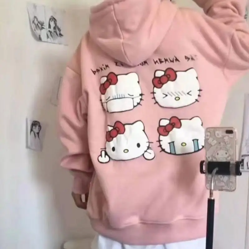 Kawaii Hoodie Sanrio Hello Kitty Mielas Anime Minkštas Spausdinti Šiltas Megztinis Universalus ilgomis Rankovėmis Marškinėliai pliušinis Top Merginos Kalėdų Dovana