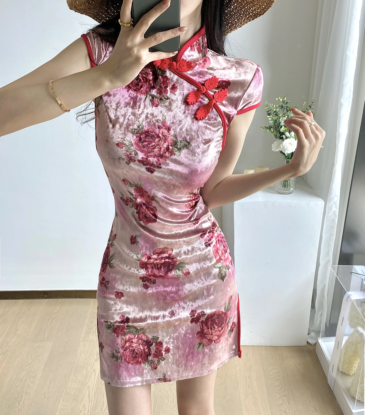 Vasaros Seksualių Moterų Berankovis Veliūras Suknelės Moterims, Pink Gėlių Spausdinti Aksomo Suknelė Vintage Moteris Cheongsam Suknelės