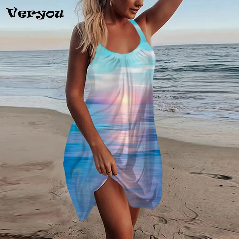 2022 Moterų 3D Spausdinimo Vasaros Paplūdimio Suknelė Mados Seksualus Rankovių Paplūdimio Dekoracijos Spausdinti Apvadą Prarasti Paplūdimys Camisole Mini Suknelė Atostogų