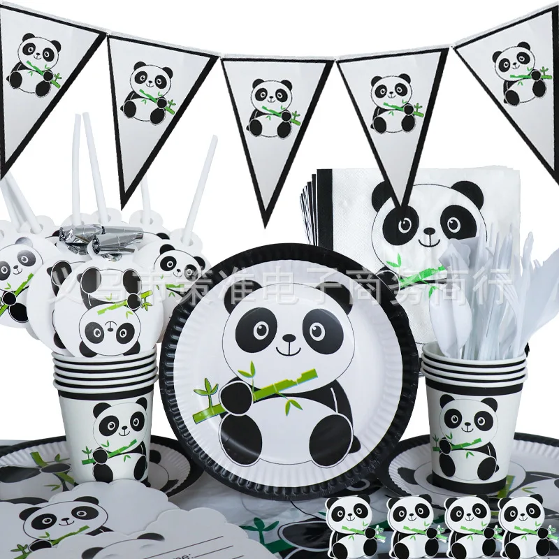 Animacinių filmų Panda vaikų gimtadienio reikmenys, popieriaus plokštės apdaila vienkartiniai šiaudų pučia dragon popieriaus taurės balionas tablew