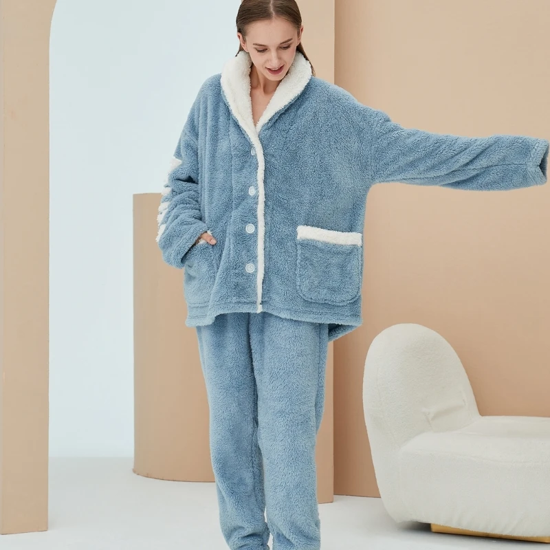 Moterų Vilnos Pižama Nustatyti Flanelė Sleepwear Šiltas Laiškas, Siuvinėjimo ilgomis Rankovėmis Mygtuką Viršuje ir Kelnės Prarasti Loungewear