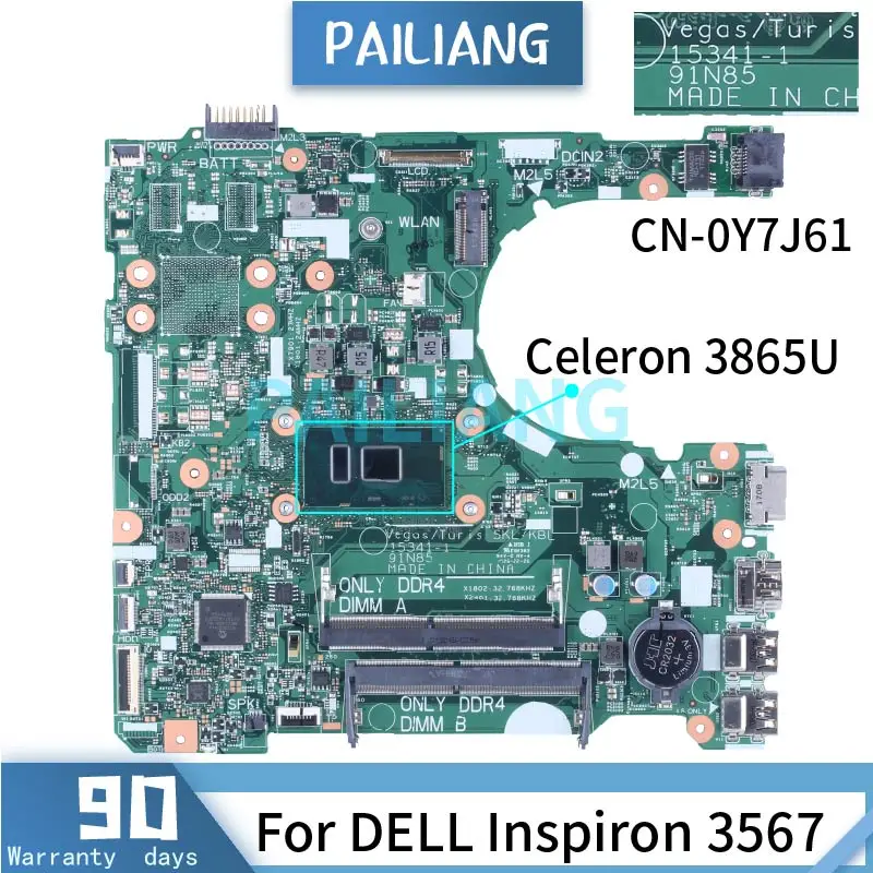 Skirtas DELL Inspiron 3567 Celeron 3865U Nešiojamas Plokštė 0Y7J61 15341-1 SR349 DDR4 Sąsiuvinis Mainboard