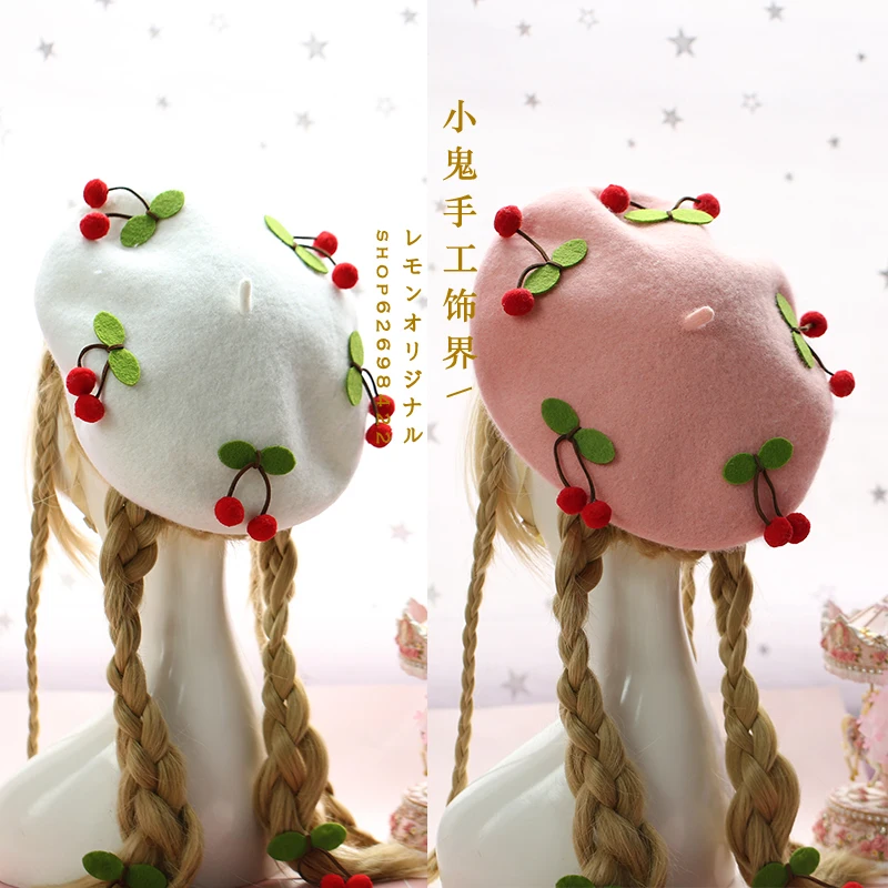 Mori Lolita Japonijos saldus skrybėlę beretė vyšnių vilnos išlaikyti šiltas princesė saldus lolita girl palace nėrinių plaukų kawaii girl kolegija