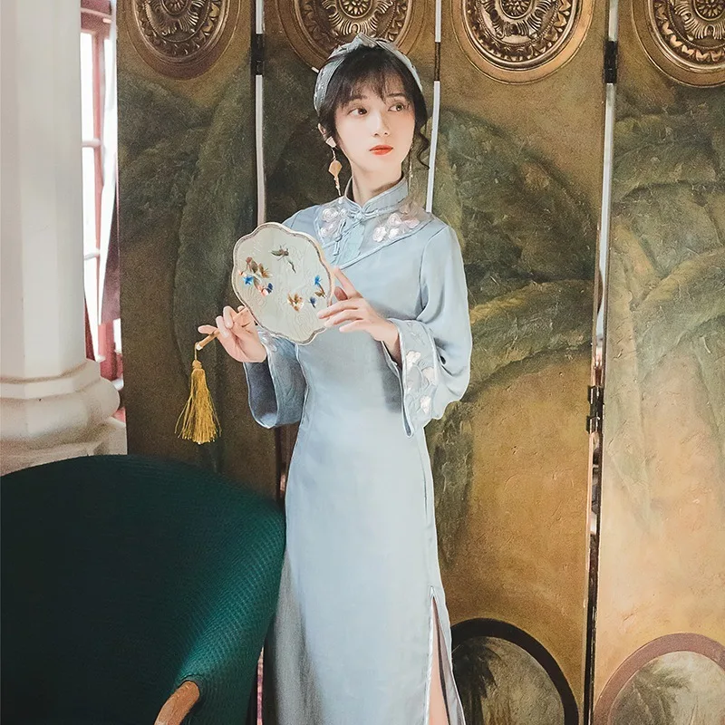 2021 M. Vasarą Kinijos Nacionalinis Nėrinių Cheongsams Qipao Ilgai Mados Suknelė Moterims Retro Siuvinėjimo Šiuolaikinės Qipao Suknelė Šalis Mergaitėms