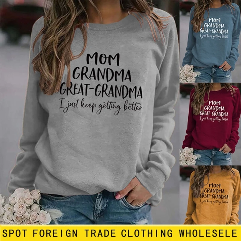 Mama, Močiutė Didžiosios Raidės Palaidinukė Moterų Crewneck Ilgomis Rankovėmis Grafinis Atsitiktinis Laisvas Megztinis Viršuje Motinos Diena T-Shirt