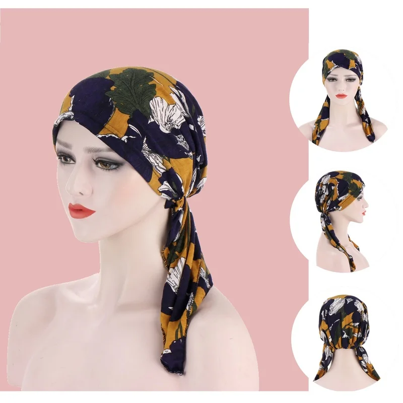 Mados Musulmonų Moterų Hijabs Spausdinti Ilga Uodega Skrybėlę Gėlių Spausdinti Turbaną Lady Žavinga Turbano Chemoterapija Cap - 6 Spalvos