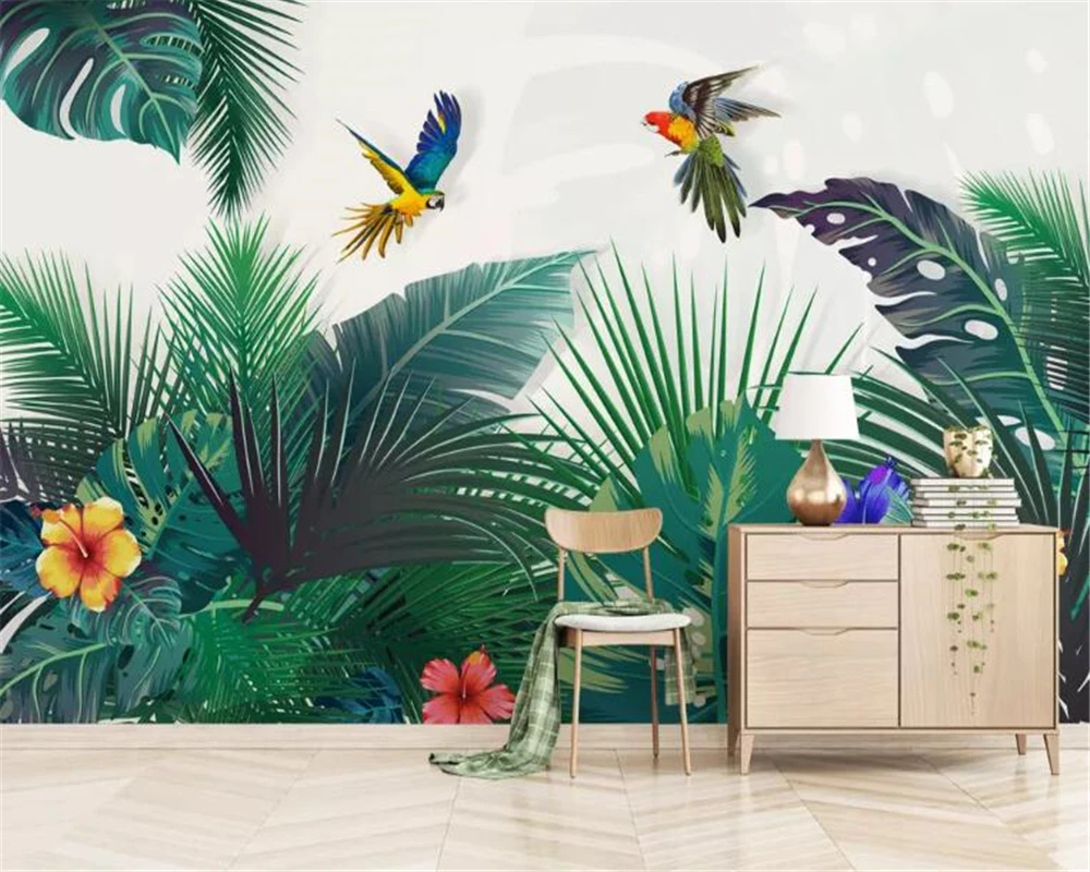 Beibehang 3d tapetai, Freskos, tropinių augalų akvarelė rankomis dažyti lapai Spalvinga papūga fono sienos popieriaus namų dekoro