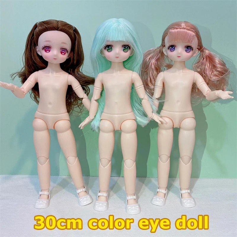 Naujas Mielas 30cm Komiška Veido Bjd Doll 1/6 3D Spalvų Anime Akių 20 Bendroji Makiažas, Kūno Nude Suknelė Mados Žaislai Mergaitėms 