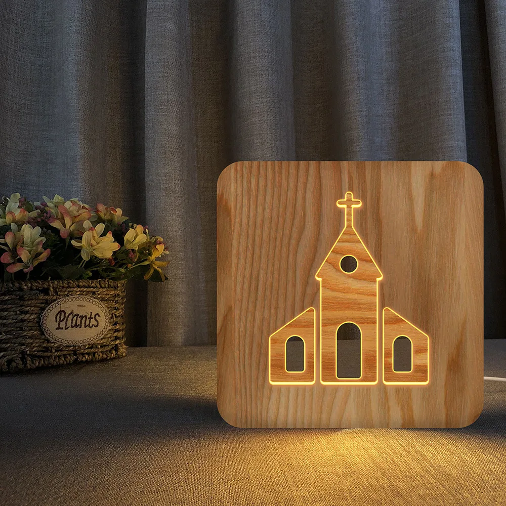 Bažnyčios modelį, Medžio masyvo Tuščiaviduriai 3d Lempos Kūrybos USB Naktį Žibintai Šilta Šviesa Medinės Lentelės, Stalo Lempos, Namų Kambarį Dekoro