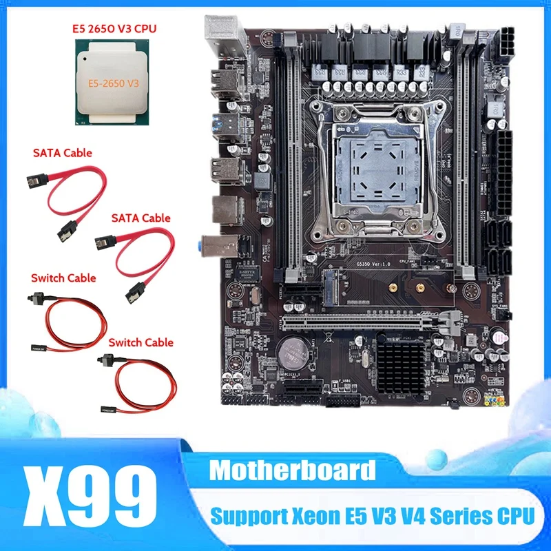 X99 Plokštė LGA2011-3 Kompiuteris motininė Plokštė Palaiko DDR4 ECC RAM Su E5 2650 V3 CPU+2X SATA Kabelis+2X Jungiklio Kabelis