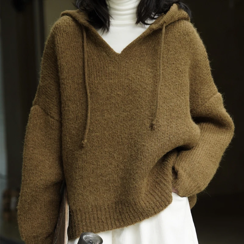 Rudenį ir žiemą moterų atsitiktinis vientisos spalvos V-kaklo, ilgomis rankovėmis laisvas megztinis su gobtuvu