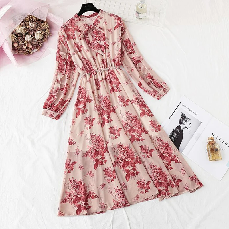 Šifono Moterų Suknelės Rudenį 2020 Žalia Gėlė Modelis Puoštas Lapų Spausdinimo Šifono Suknelė Atsitiktinis Kelio sąnario elastingumą Juosmens Suknelė