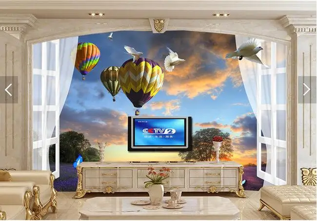 Custom 3D freskomis, už lango levandų balionas 3D kraštovaizdžio papel de parede,gyvenamasis kambarys su sofa-lova, TV miegamojo sienos tapetai
