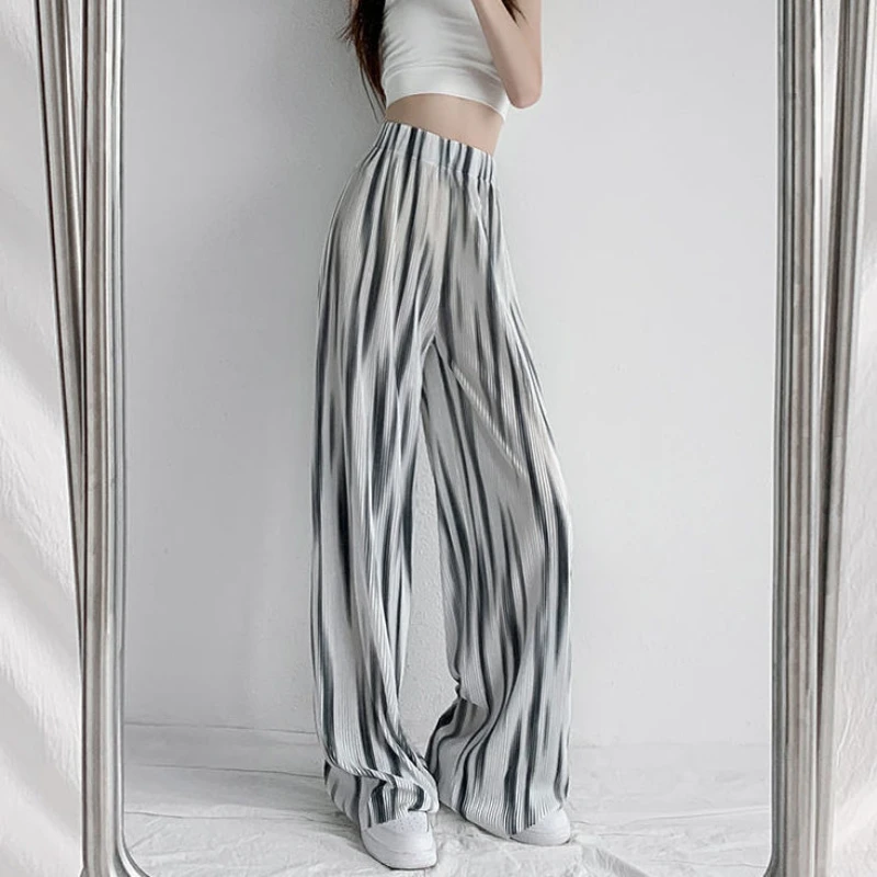 KAKAVOS Aukšto Liemens Kelnės Moterims Vasaros Plius Dydis Streetwear Kelnes tie Dažai Ledo Šilko Modelio Elegantiškas Pločio Kojų Kelnės 2022 Naujas