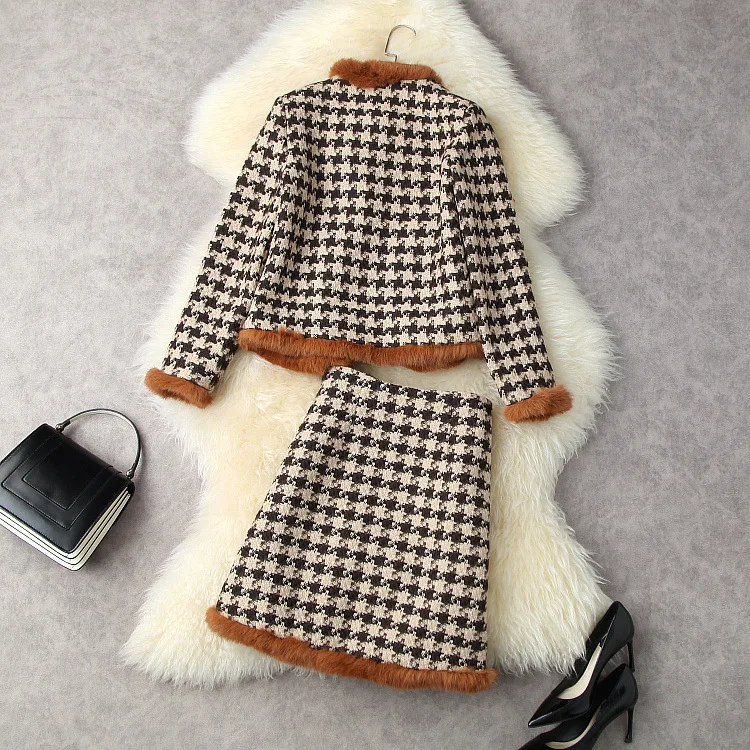 Europos ir Amerikos moterų drabužių žiemos 2022 naujas ilgomis rankovėmis kratinys fox fur coat Pledas sijonas mados Tvido kostiumas Nuotrauka 1 