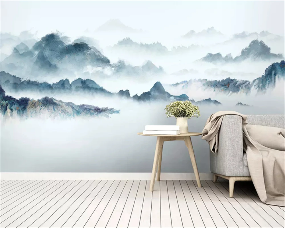 beibehang Užsakymą šilkiniai papel de parede 3d tapetai naujas Kinijos rašalo kraštovaizdžio mėlyna abstrakčios linijos, dekoratyvinis dažymas fone Nuotrauka 1 