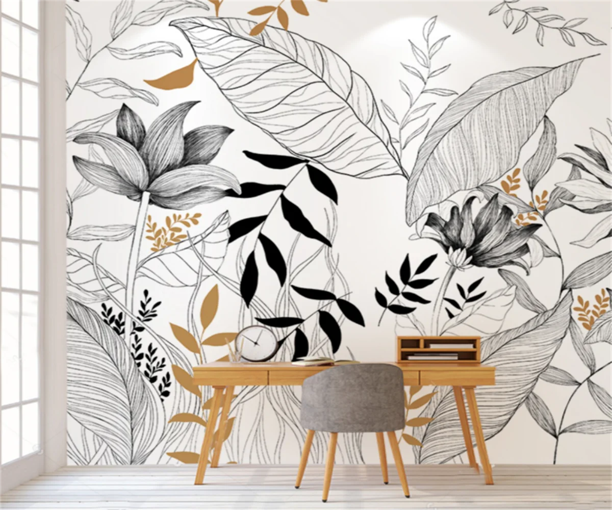 Abstraktus piešinys juoda ir balta augalai užsakymą freskos kambarį valgomasis foną papel de parede Nuotrauka 1 