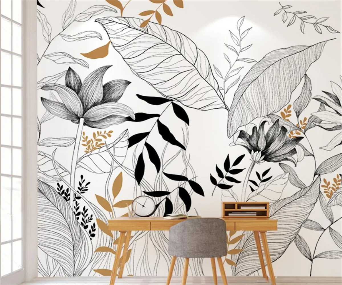 Abstraktus piešinys juoda ir balta augalai užsakymą freskos kambarį valgomasis foną papel de parede Nuotrauka 2 