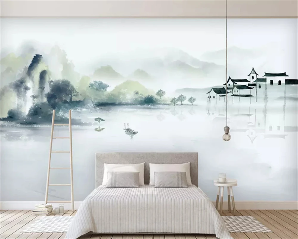 beibehang Užsakymą šilkiniai papel de parede 3d tapetai naujas Kinijos rašalo kraštovaizdžio mėlyna abstrakčios linijos, dekoratyvinis dažymas fone Nuotrauka 3 