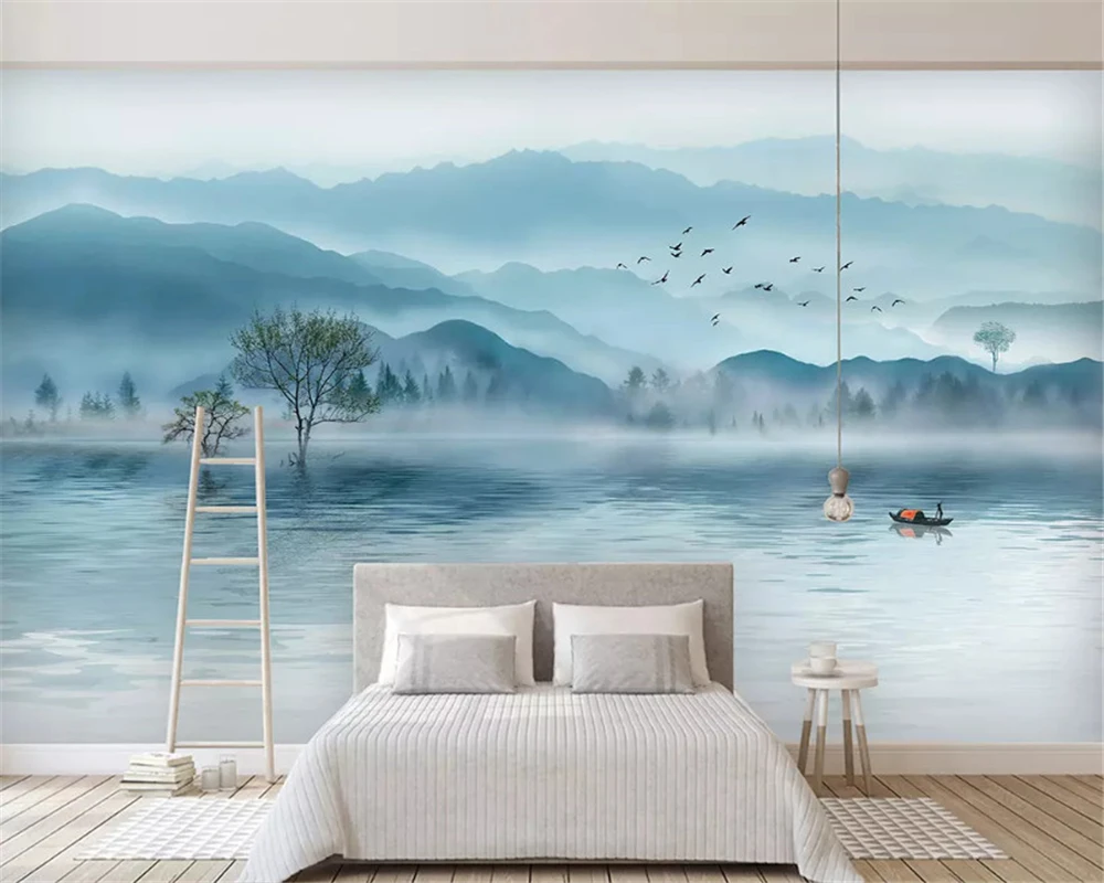 beibehang Užsakymą šilkiniai papel de parede 3d tapetai naujas Kinijos rašalo kraštovaizdžio mėlyna abstrakčios linijos, dekoratyvinis dažymas fone Nuotrauka 5 