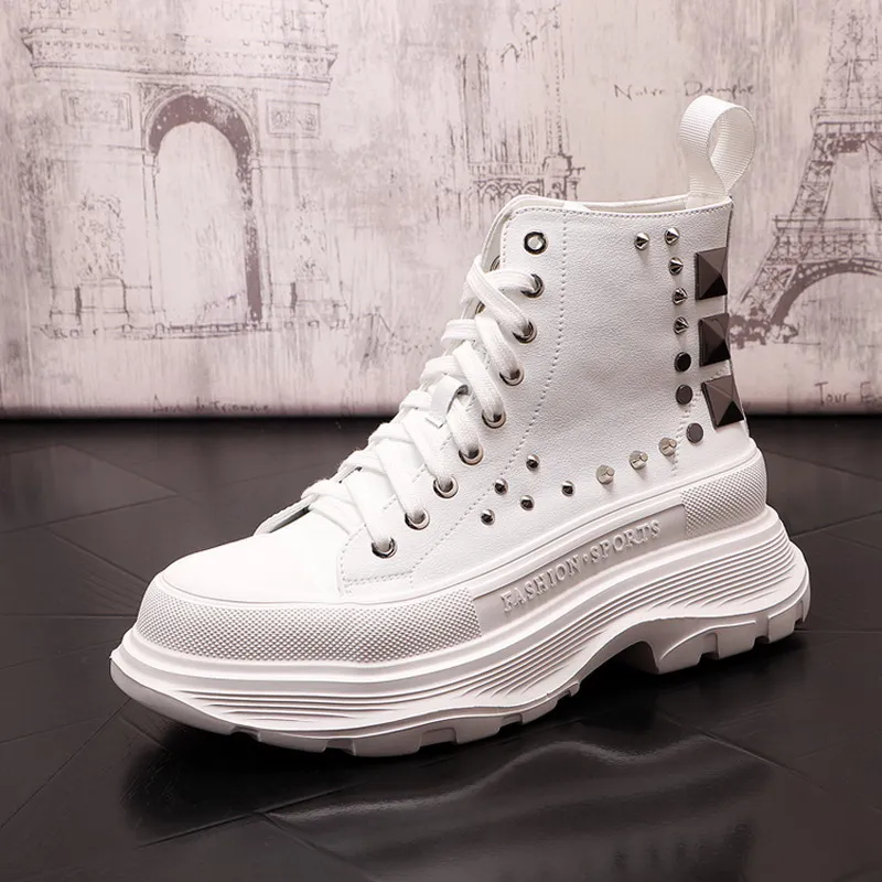 Prabanga Mens Balta Atsitiktinis Shoes Mados Nėriniai Kniedės Žavesio Aukšto Viršų Vyrų Tendencijos Laisvalaikio Platforma Zapatos Juoda ERRFC Nuotrauka 1 
